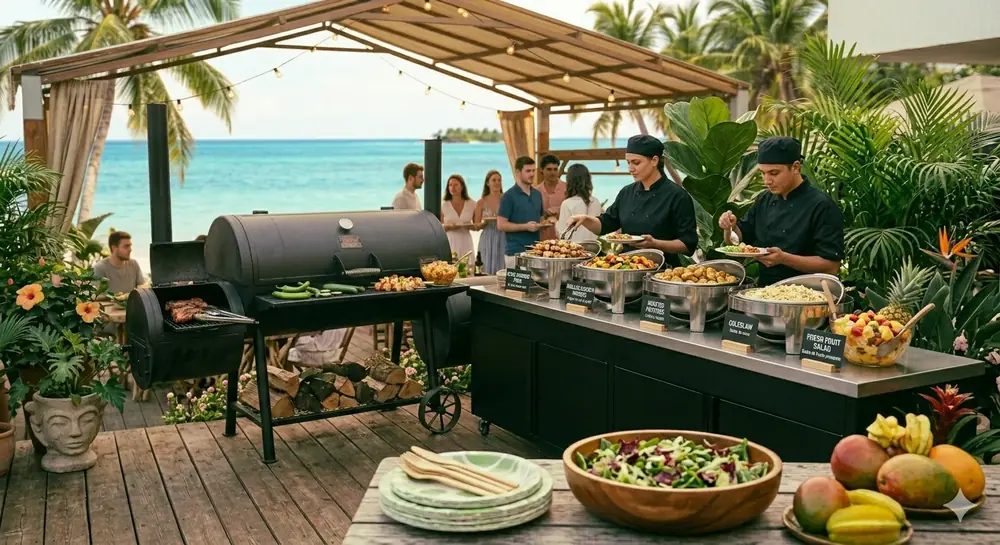 Professional BBQ catering setup with smoker and serving station