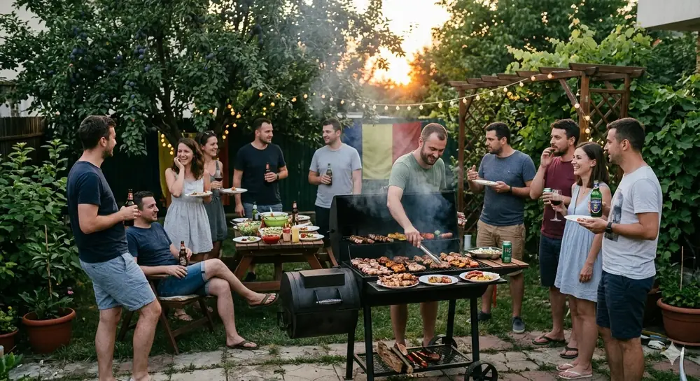 Small BBQ cookout for 10 guests around a backyard grill
