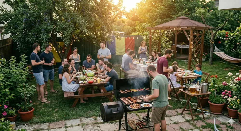 Backyard BBQ party for 25 guests at sunset