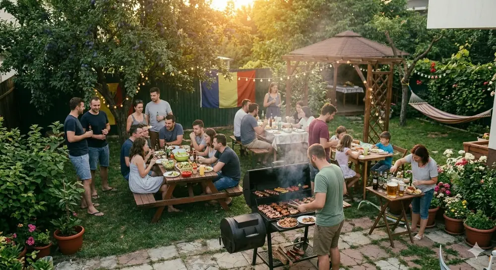 Large BBQ gathering for 40 guests with grill and tables