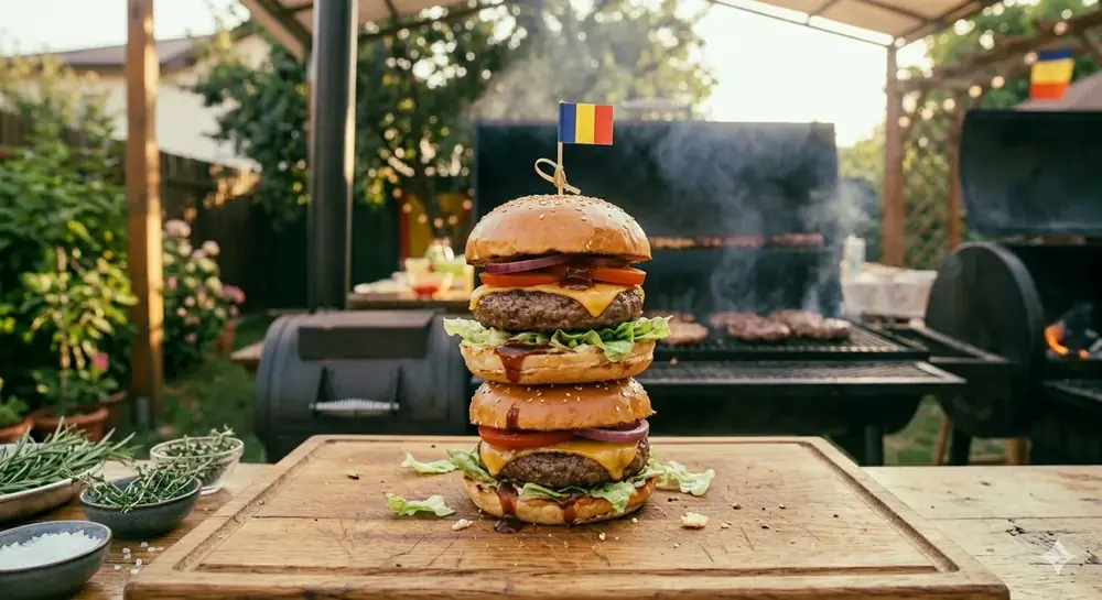 BBQ burgers stacked on a wooden board with grill in background