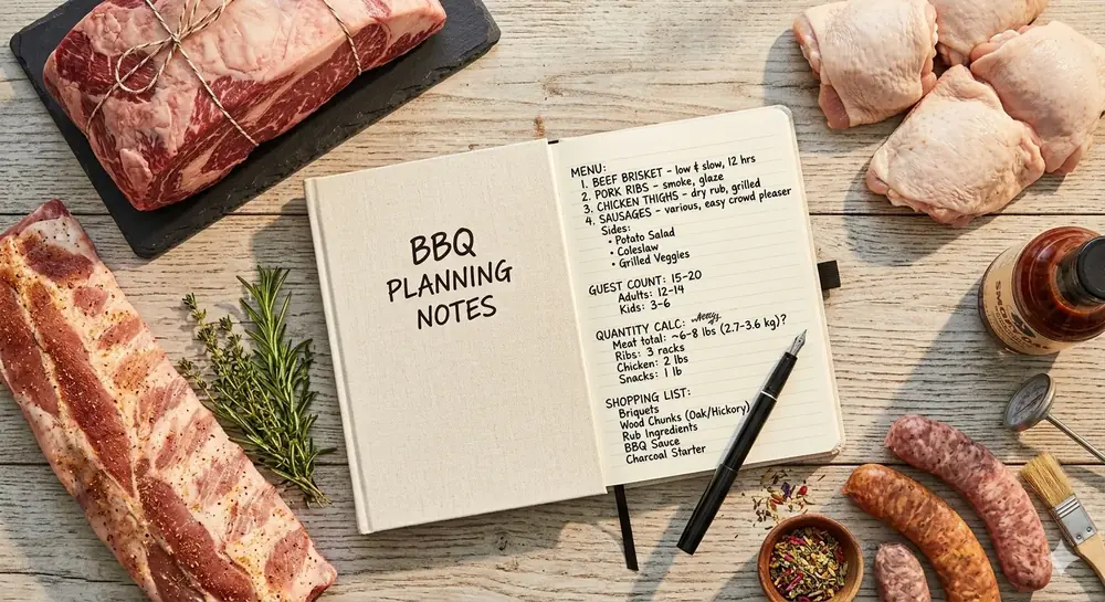 BBQ party planning notebook with meat cuts — calculator guide for all party sizes