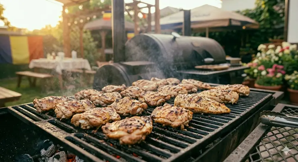 Grilled chicken pieces on BBQ grill grates at golden hour