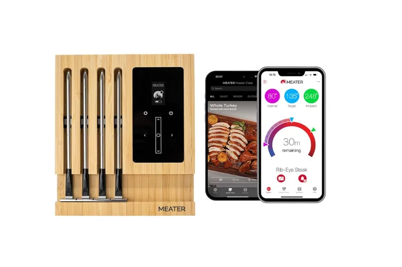 MEATER Block with four wireless probes in bamboo charger and companion smartphone app