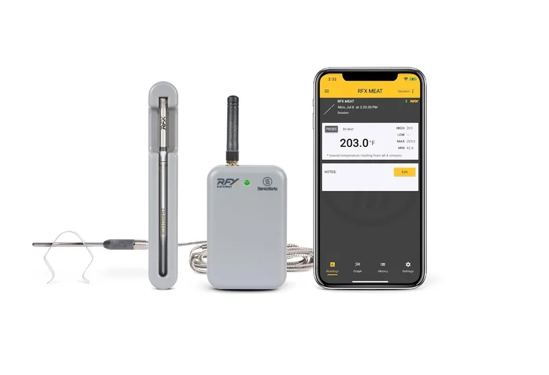 ThermoWorks RFX wireless probe with gateway and mobile app showing brisket temperature