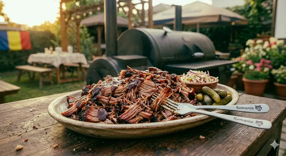 Slow-smoked pulled pork on a plate with BBQ sauce and coleslaw