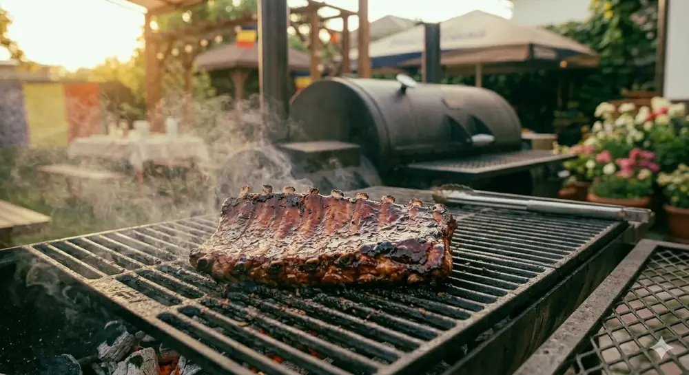 BBQ pork ribs rack smoking on charcoal grill at sunset