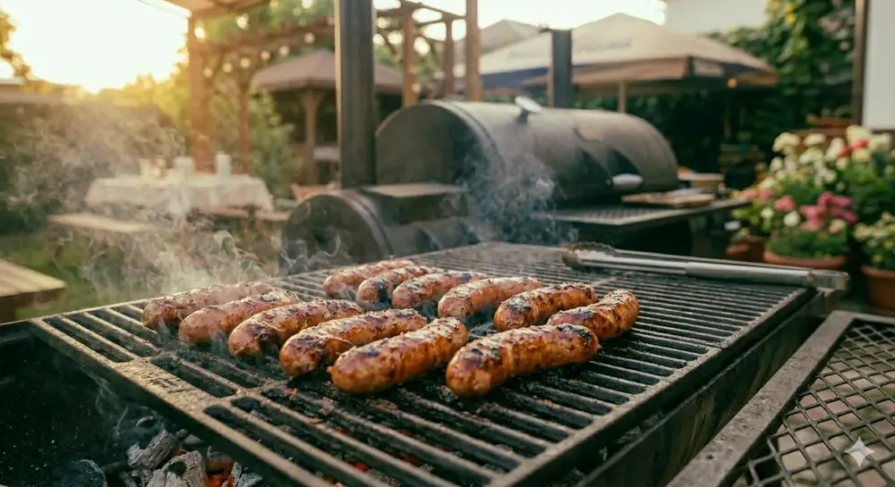 Sausages grilling on BBQ grill grates with smoke